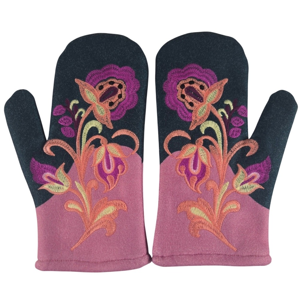 Embroidered Floral‎ Felt Mittens Womens Pink Boho Folk Art Fleece Lined